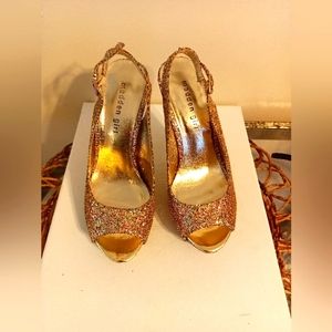 Steve Madden girl gold glitter stiletto peep toe heels size 8 Jasper
